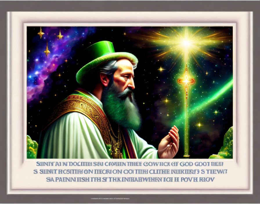 Illustrated portrait of man with white beard in green hat and robe, holding star-topped staff amidst