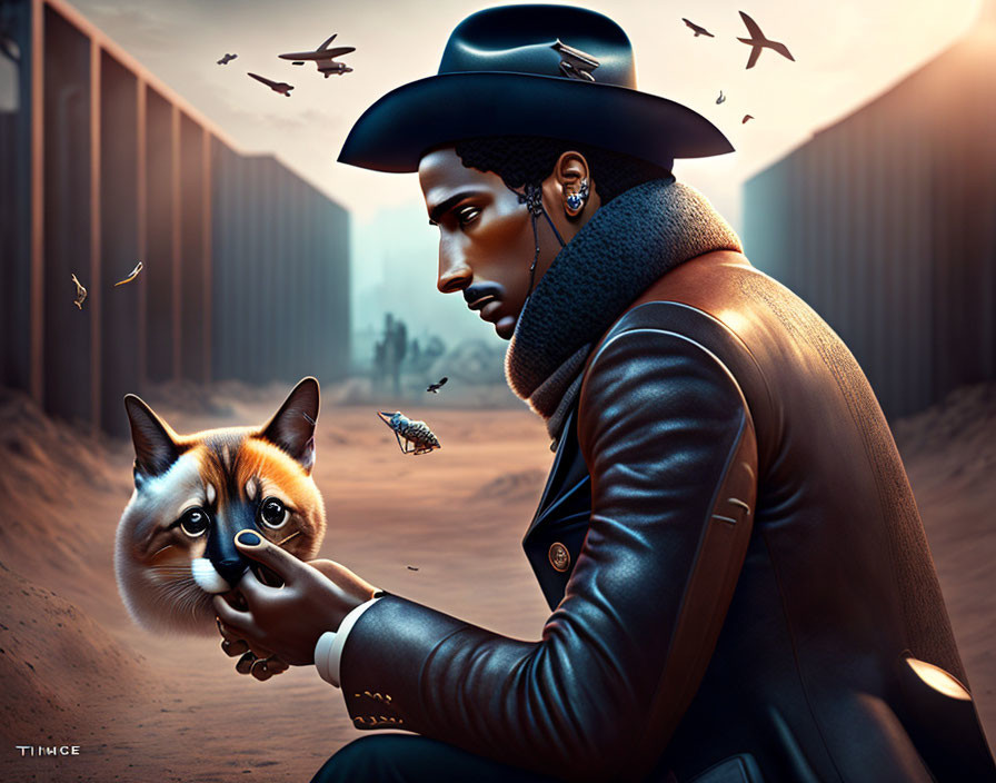 Fashionable man with calico cat in alley, butterflies and dramatic sky