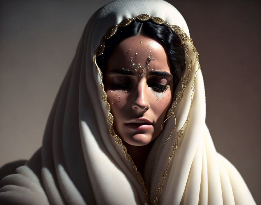 Solemn woman in white headscarf with gold trims and facial jewelry