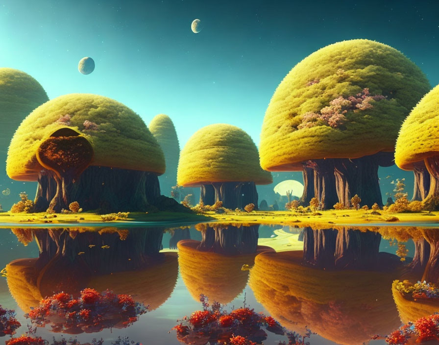 Alien world with oversized mushroom trees, reflective lake, and sky planets