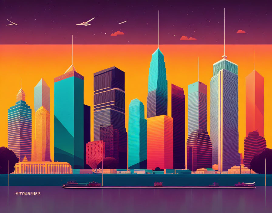 Colorful city skyline illustration at dusk with stars, smooth water, and flying birds.