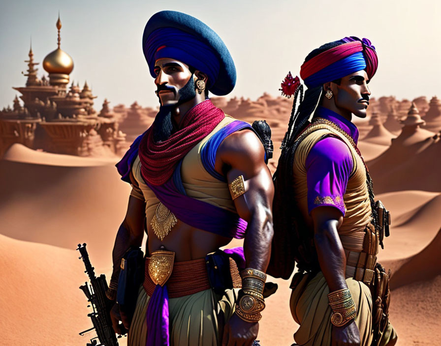 Traditional attired animated characters in desert with ornate building