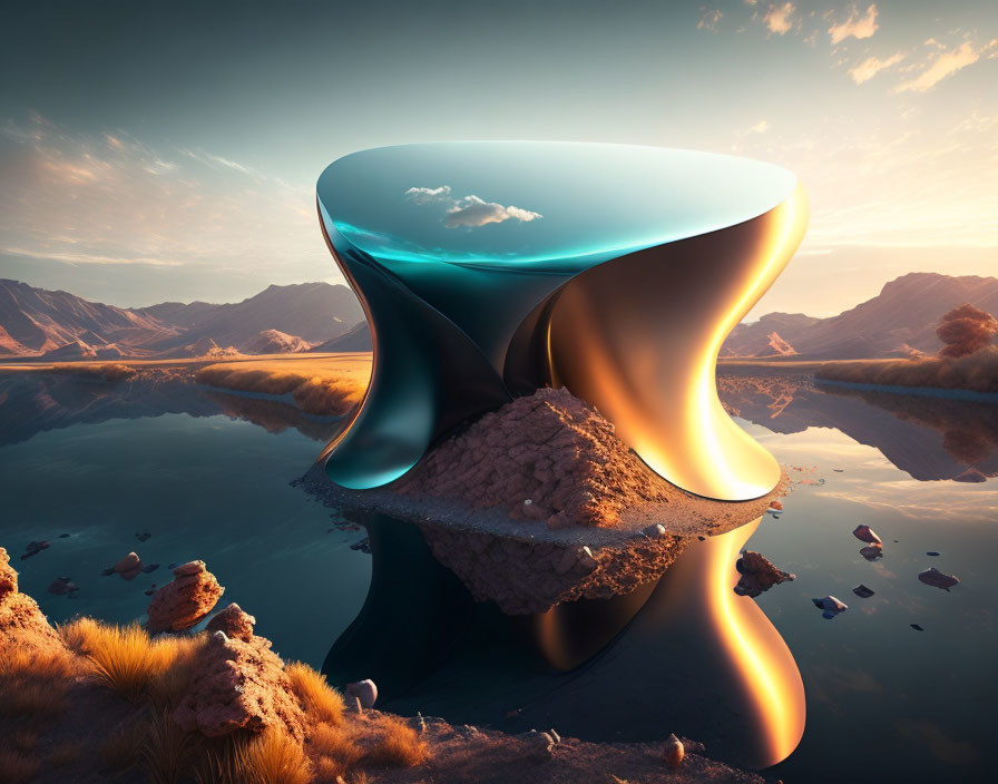 Surreal twisted sculpture in desert landscape with mountains at sunset