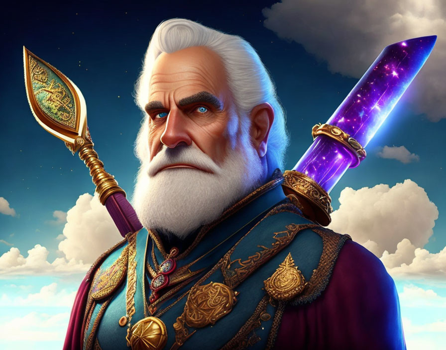 Elderly warrior with white beard holding golden spear and glowing sword in cloudy sky.