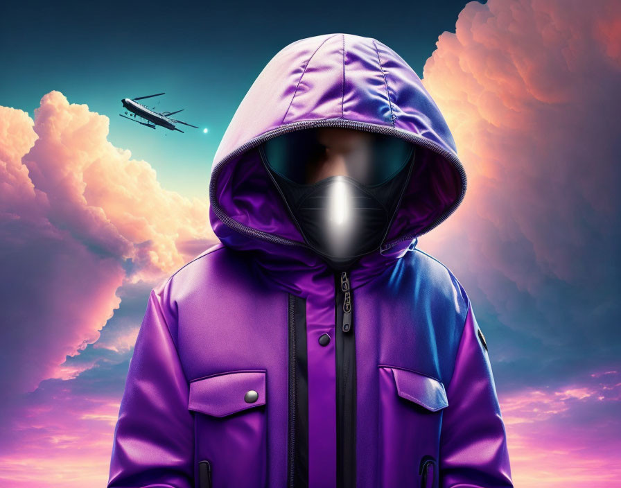 Person in Metallic Mask and Purple Hooded Jacket Against Vibrant Sky