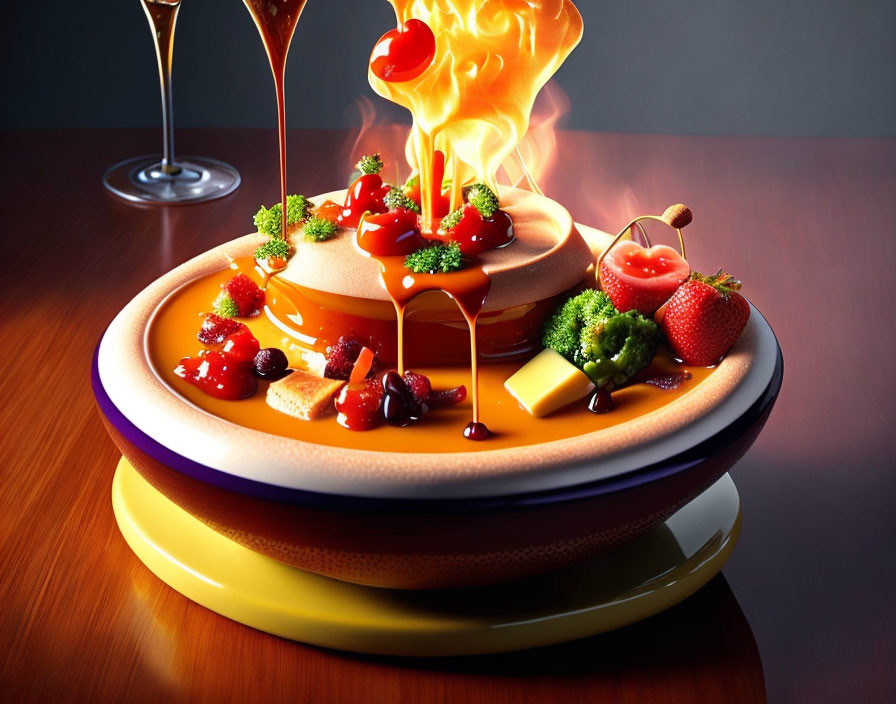 Illustration of Fondue Set with Melting Cheese and Dipping Items