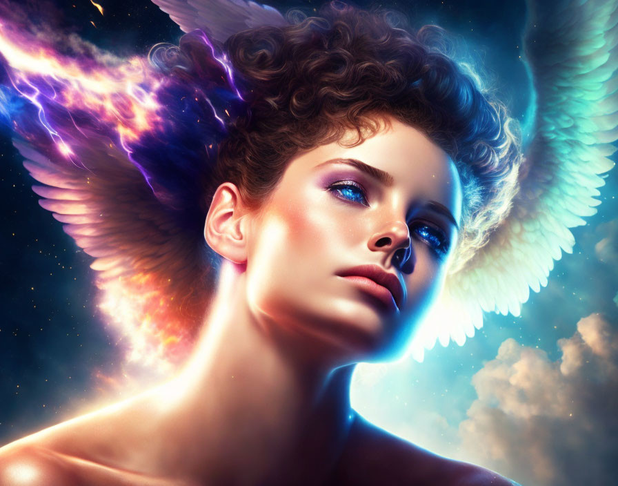 Digital artwork of a woman with angelic wings in cosmic setting