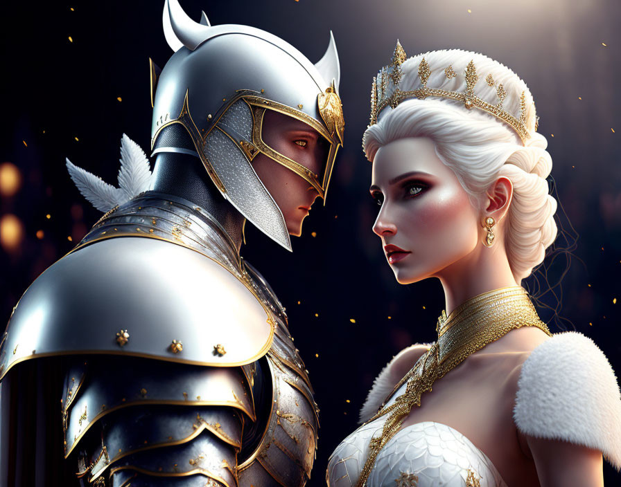 Medieval knight and queen in ornate attire in intimate gaze.