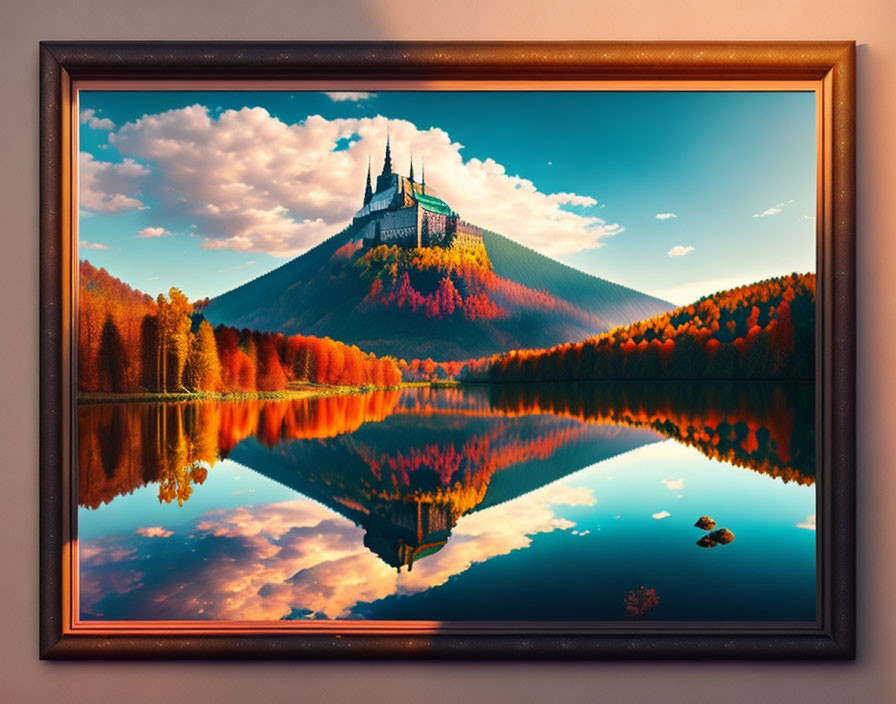 Autumn castle scene with lake reflection and warm sky