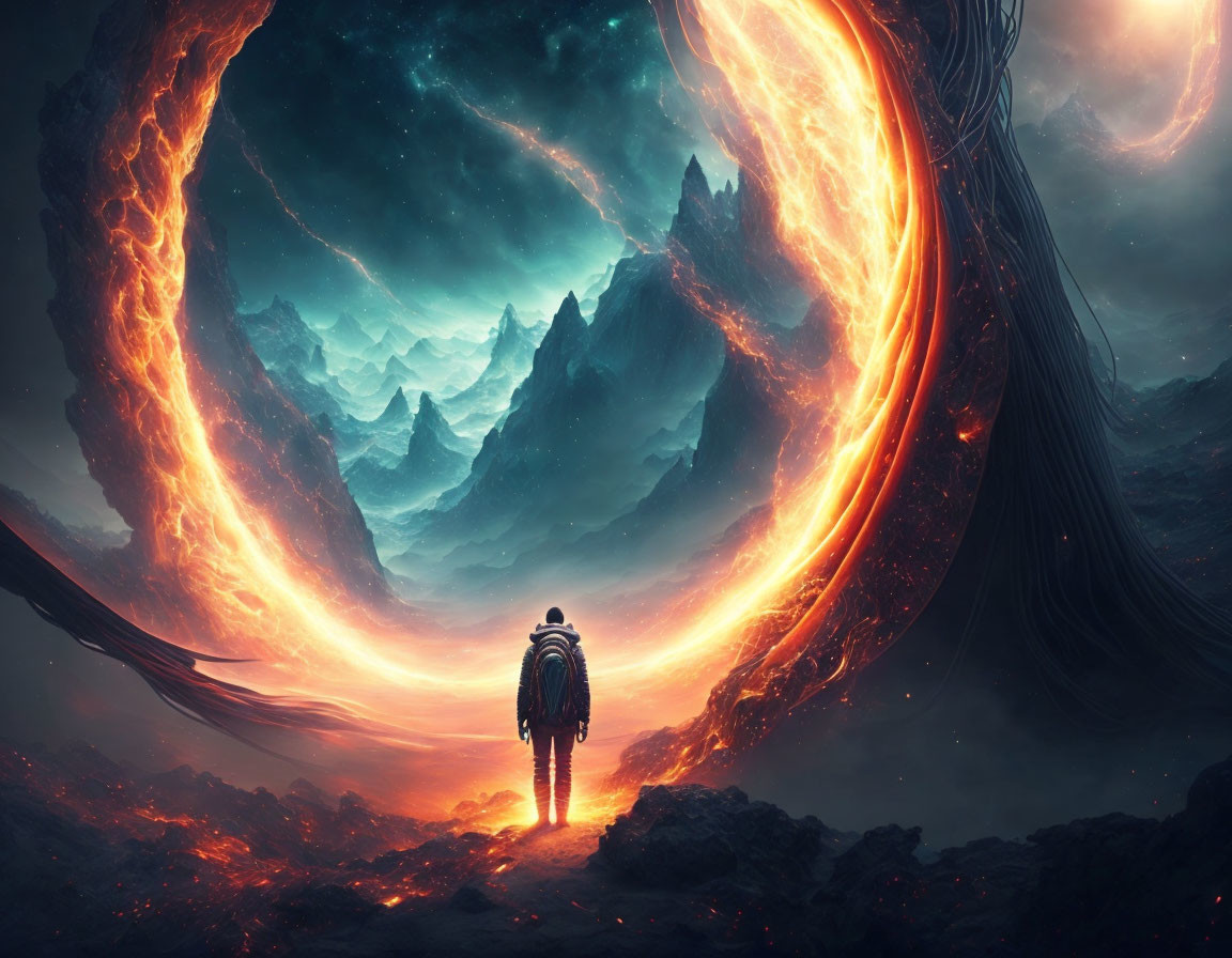 Surreal fiery portal with cosmic sky and mountainous terrain