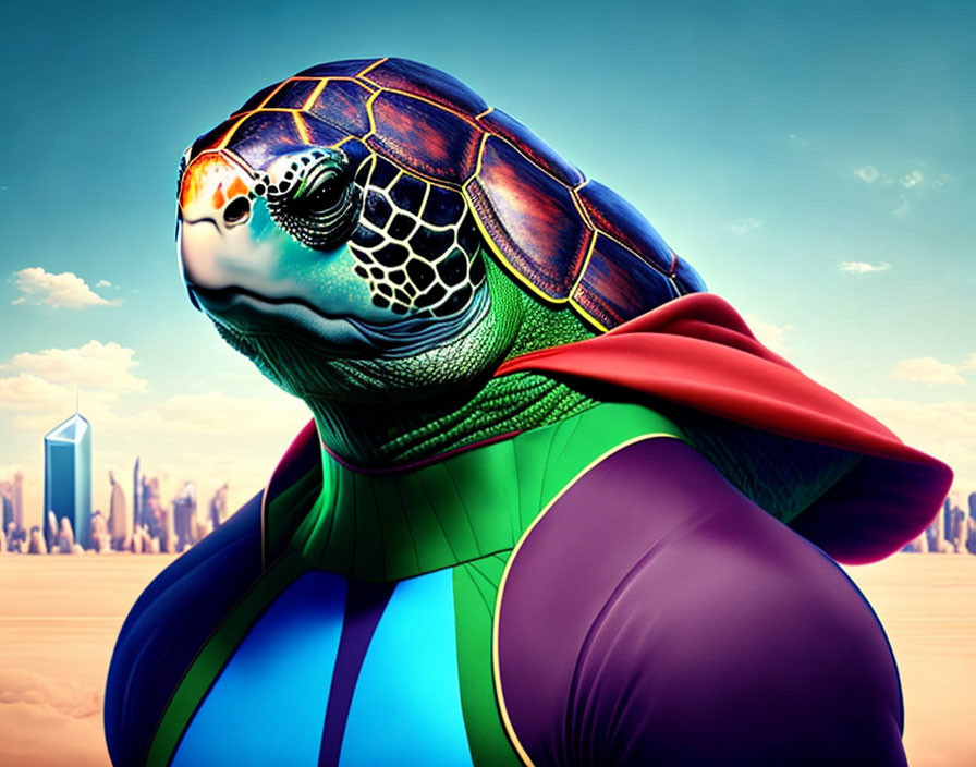 Stylized superhero turtle with cape in city skyline backdrop