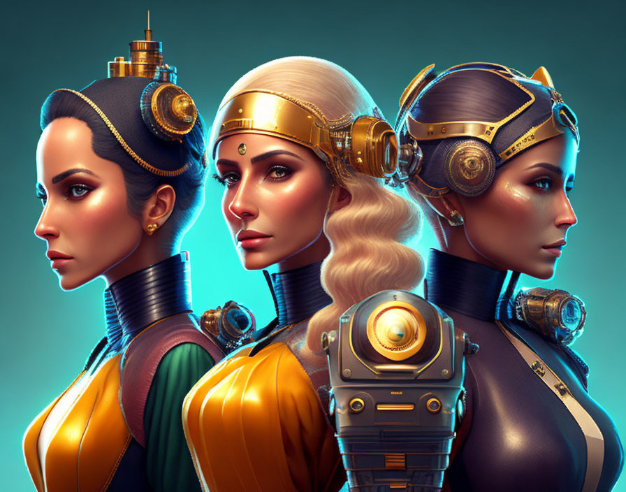 Futuristic female characters with stylized headgear and mechanical elements on teal background