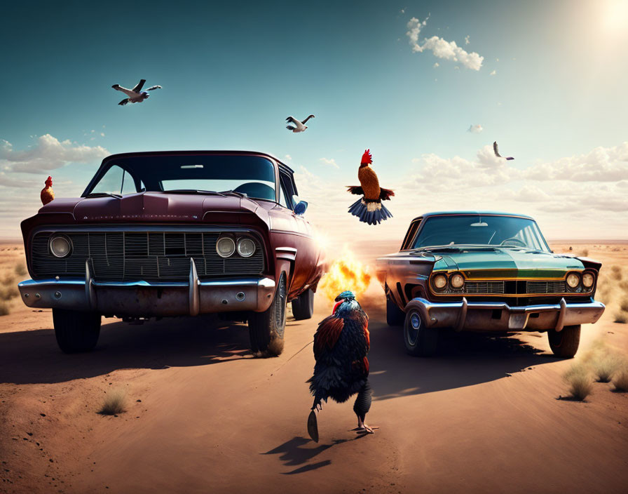 Vintage Cars Encounter on Desert Road with Chickens and Rooster in Bright Daylight