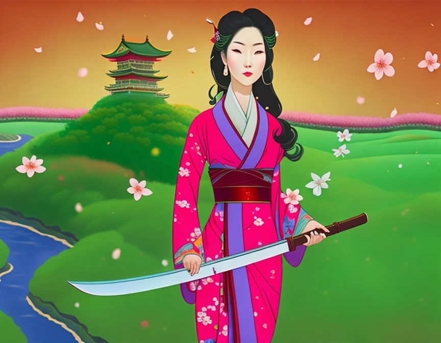 Traditional Japanese female character with sword, cherry blossoms, and pagoda.