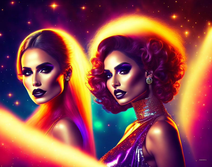 Stylized women in vibrant makeup and glamorous attire against cosmic starry background.