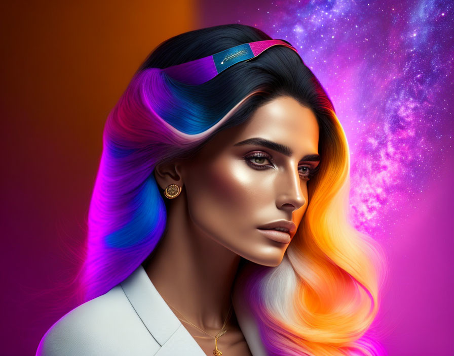 Multicolored Hair Woman in Cosmic Setting with Blue, Pink, Yellow Shades