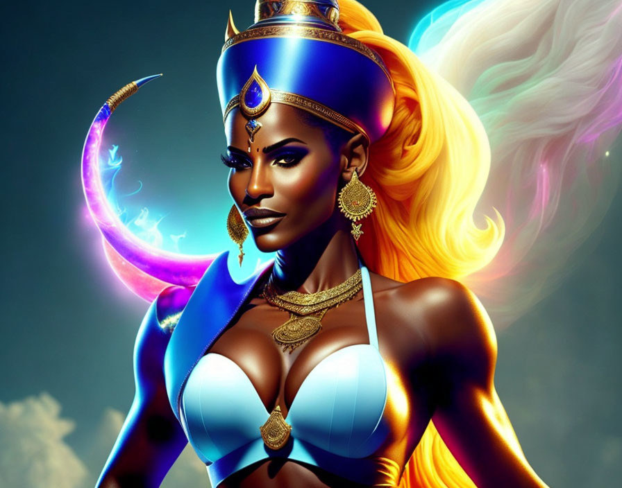 Illustrated woman in blue attire with gold jewelry against cosmic backdrop