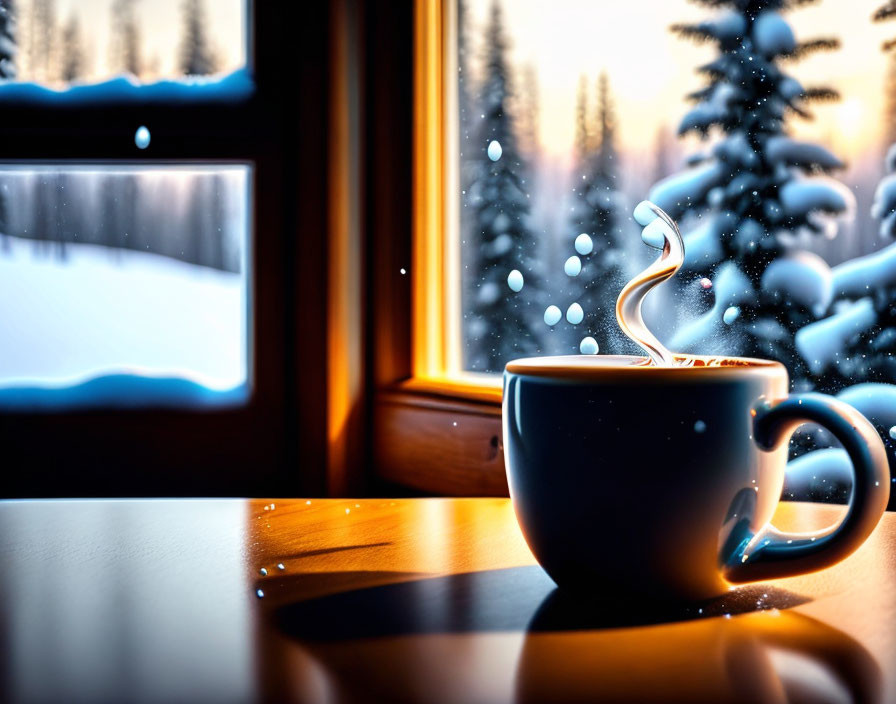 Steaming cup of coffee on snowy winter windowsill at sunrise