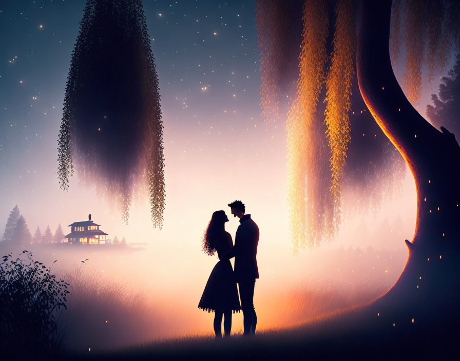 Silhouette of couple holding hands under starry sky near glowing sunset and distant house