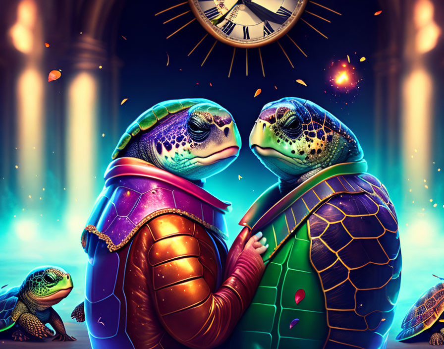 Anthropomorphic turtles in space suits under clock with stars and floating turtles