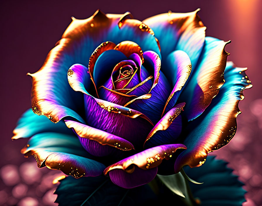 Iridescent Rose with Blue, Purple, and Gold Petals on Bokeh Background