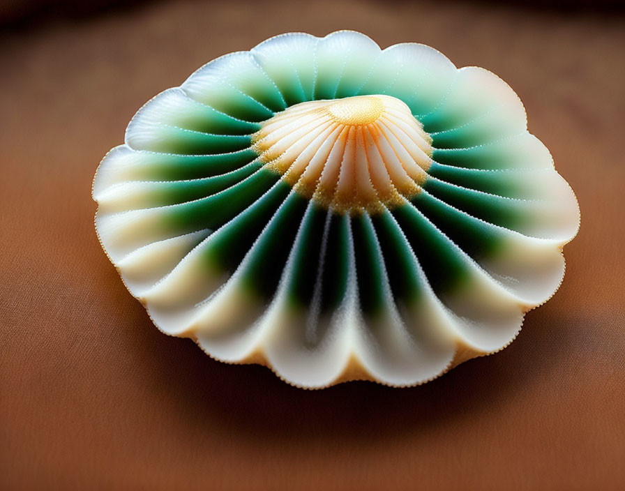 Colorful Green, White, and Yellow Scallop Shell on Brown Surface