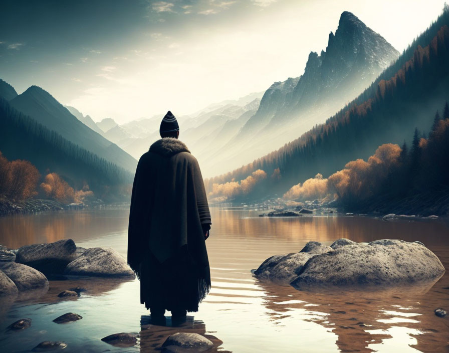 Person in coat and beanie standing in river, observing misty forest and mountain peak under orange sky