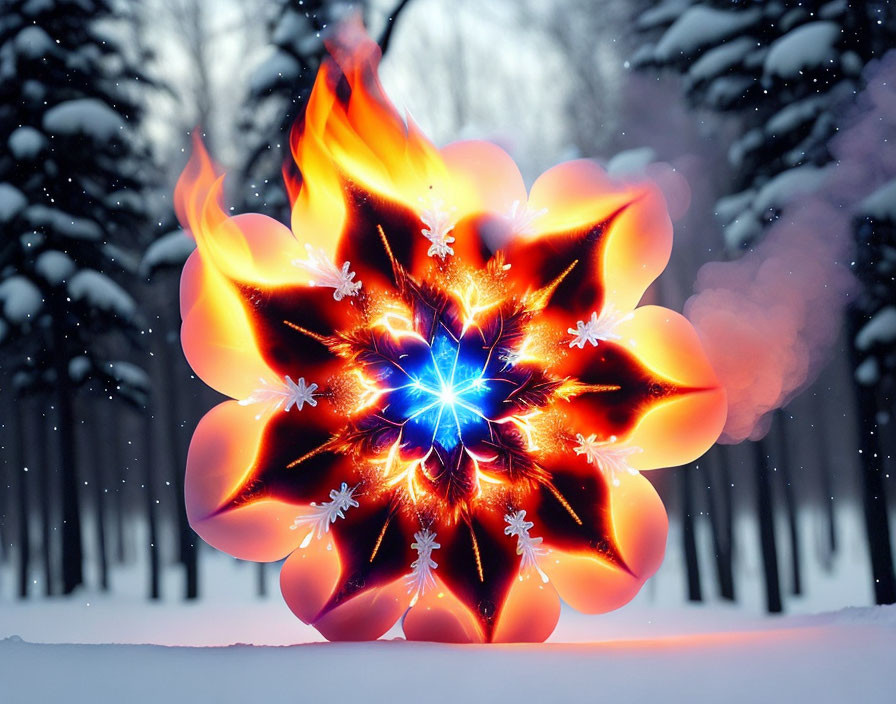 Vibrant fiery blossom with blue core above snowy winter forest