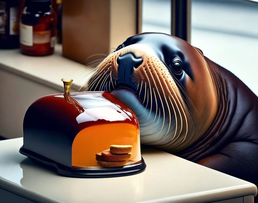 Adorable seal looking at shiny tray with treat on table