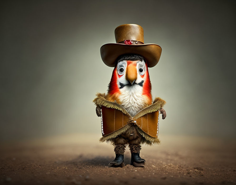 Anthropomorphic Parrot Cowboy in Brown Jacket and Boots