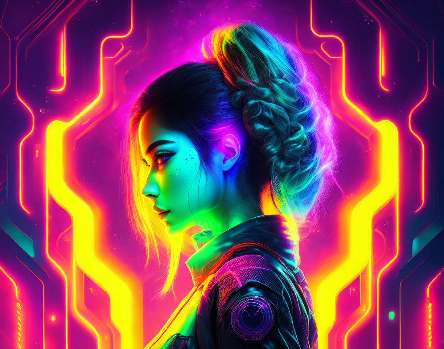 Braided ponytail woman on vibrant neon circuit board backdrop