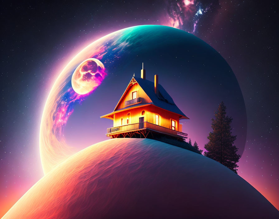 Solitary house on curved landscape with large planet and celestial body