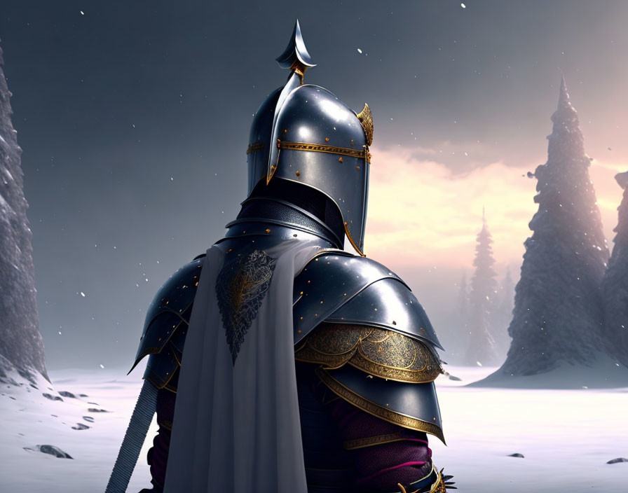 Knight in ornate armor in snowy landscape at dusk