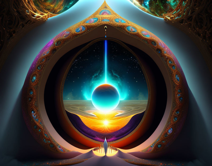 Surreal digital artwork: Eye-shaped portal to cosmic landscape