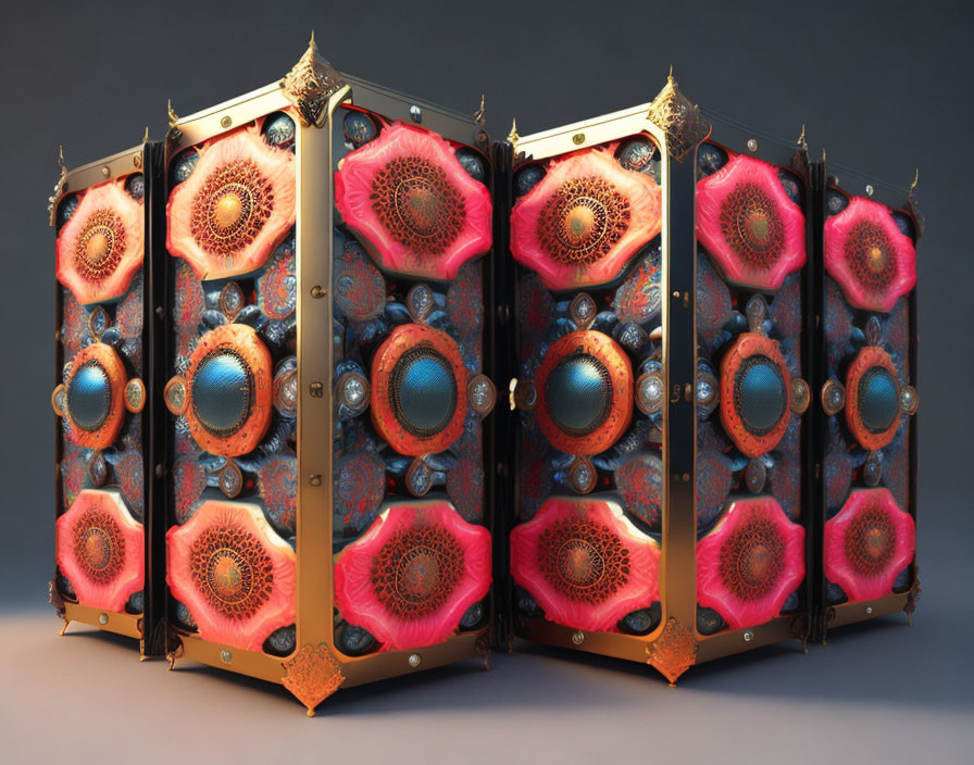 Ornate golden-trimmed speakers with vibrant pink centers on muted background