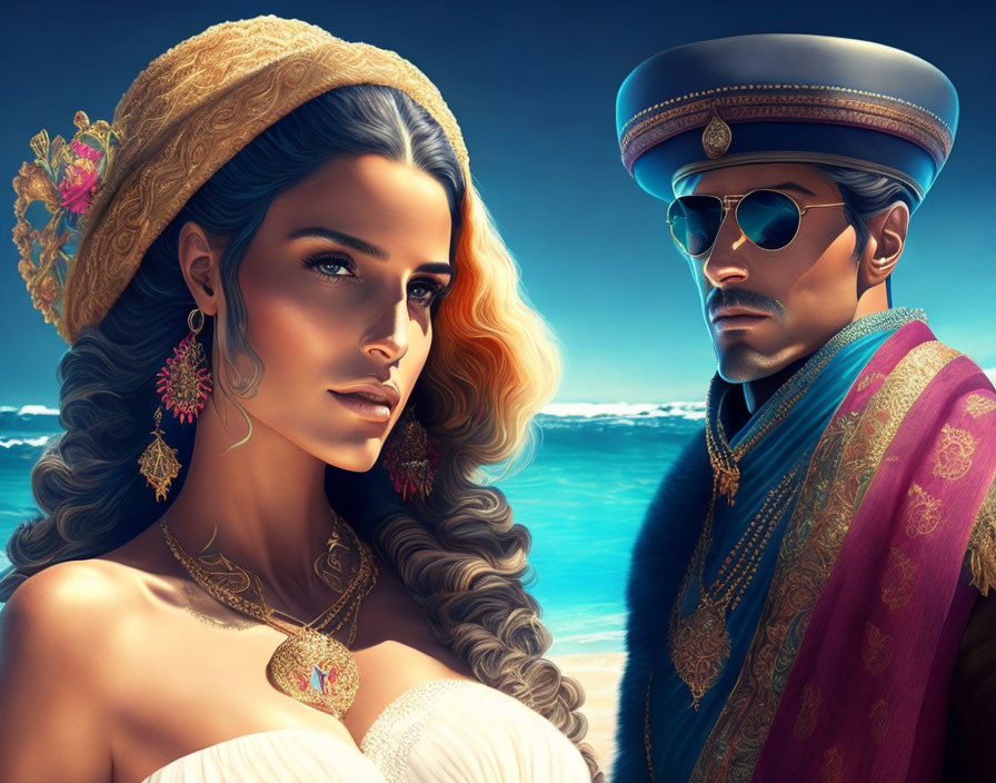 Digital artwork featuring woman and man in royal attire with gold jewelry.