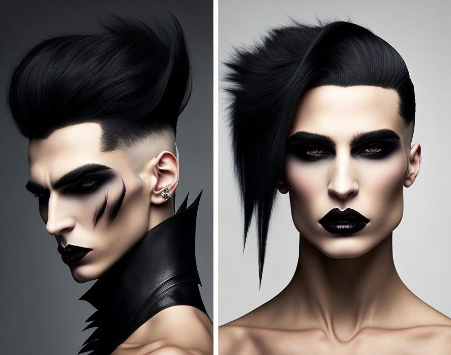 Portraits of edgy makeup and hairstyles with dark eye makeup