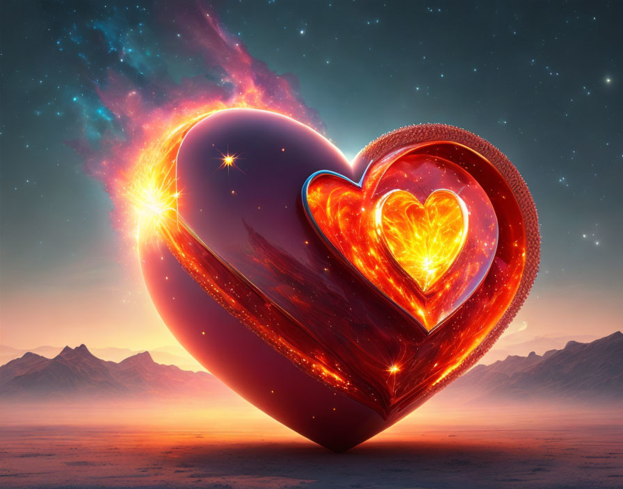 Glossy 3D heart with smaller heart in cosmic scene