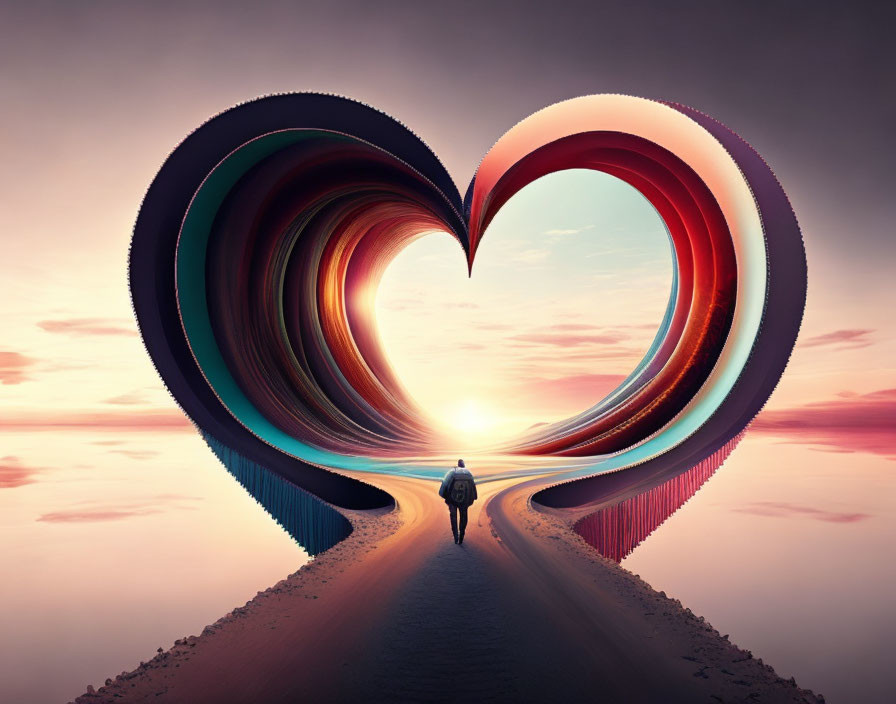 Person walking towards heart-shaped portal at sunset