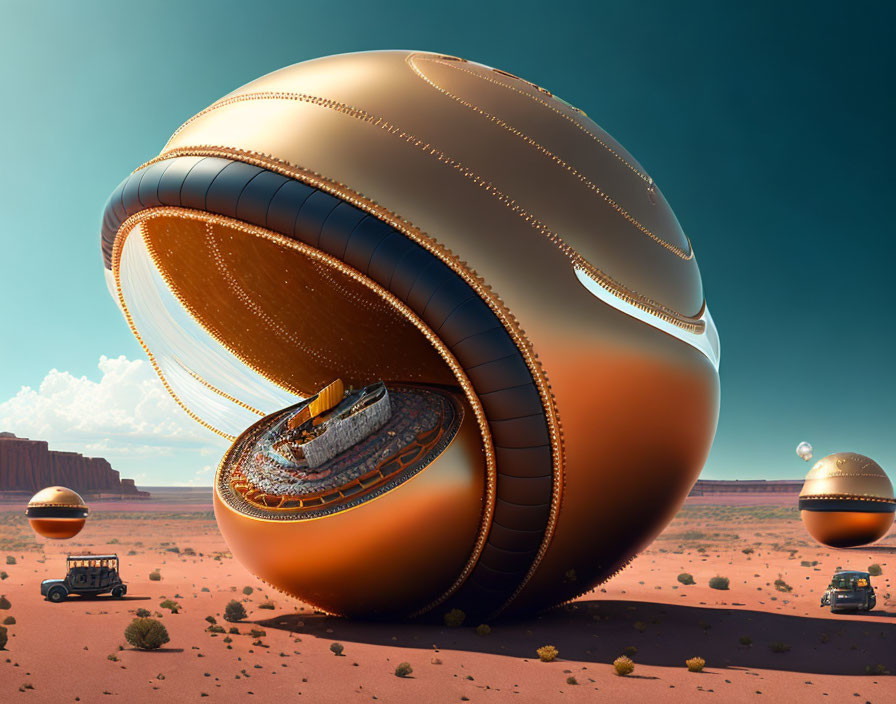 Intricate futuristic spherical structures in desert landscape