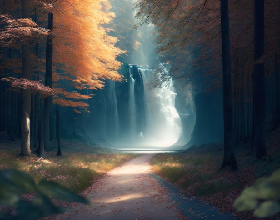 Tranquil Autumn Forest Path with Golden Leaves and Mystical Waterfall