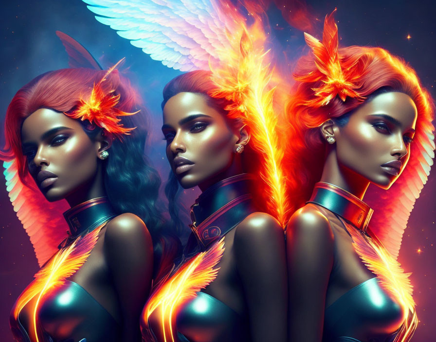 Fiery-winged female figures with radiant skin in cosmic setting