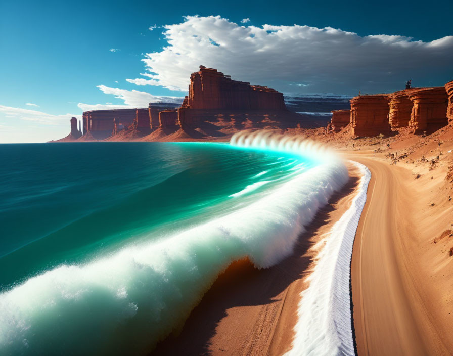 Surreal landscape: desert meets ocean with red rock formations