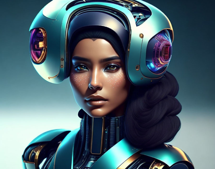 Dark-haired woman in futuristic helmet with pink lenses on blue background