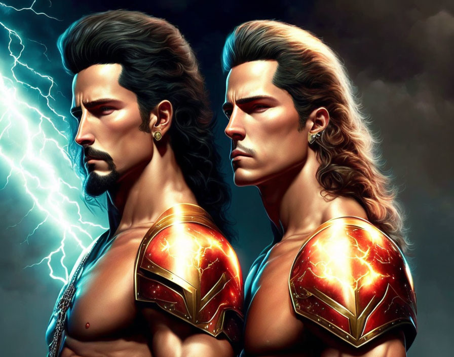 Stylized muscular men with ornate shoulder armor under stormy sky