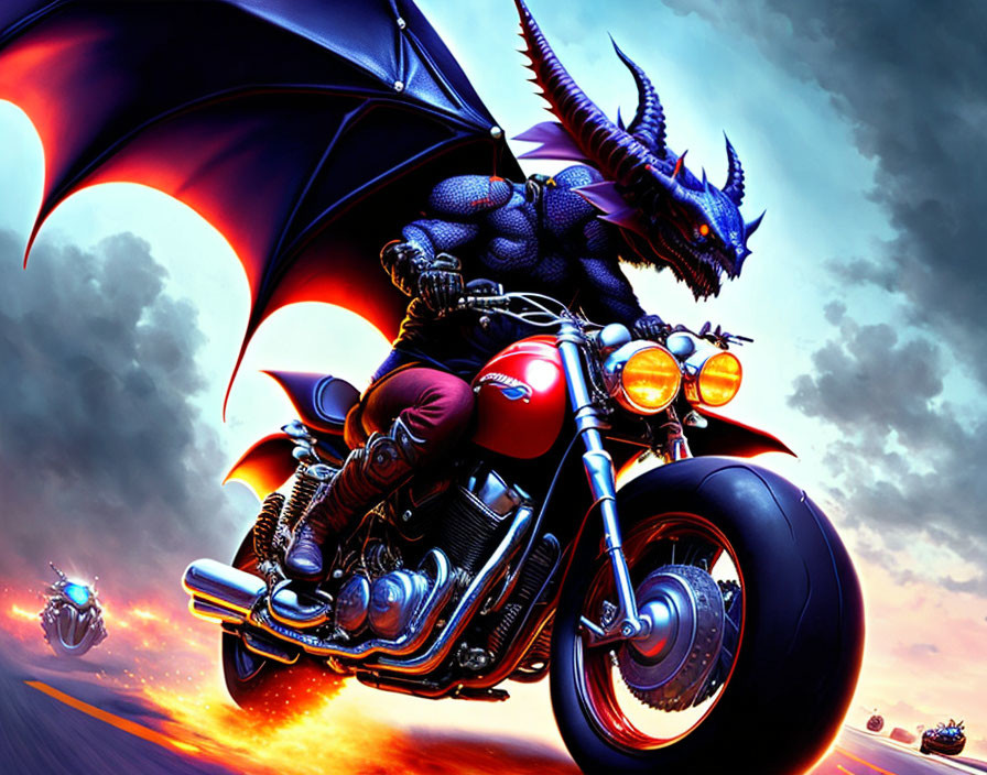 Muscular humanoid dragon on motorcycle with fiery sky and riders.