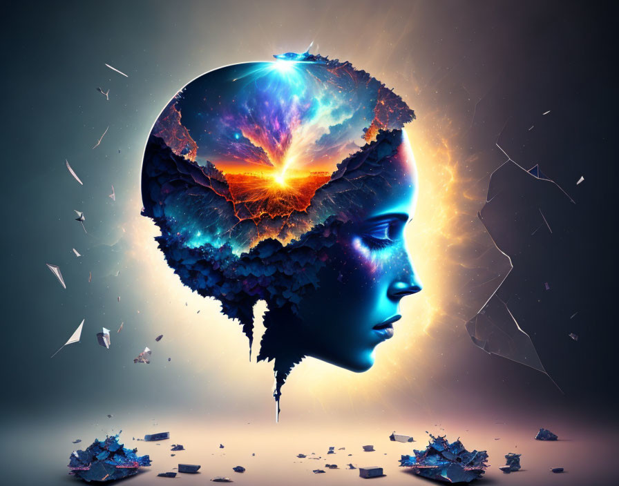 Surreal human head illustration with fragmented top and cosmic scene inside