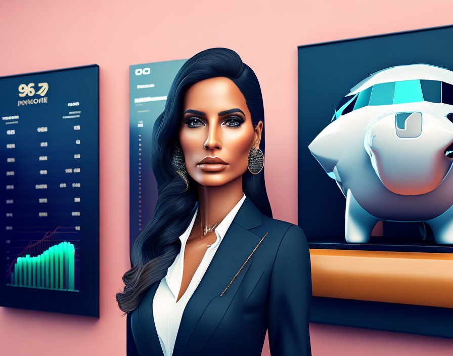 Stylized businesswoman illustration with sleek hair, suit, graphics, charts, piggy bank