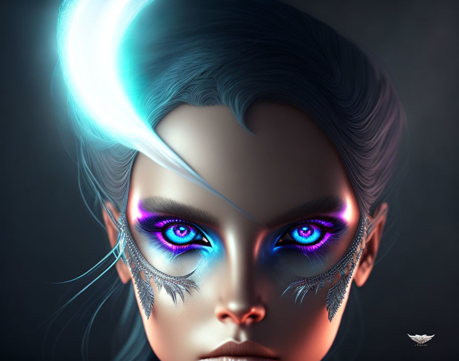 Digital Artwork: Glowing Blue Hair, Purple Eyes, Feathery Motifs