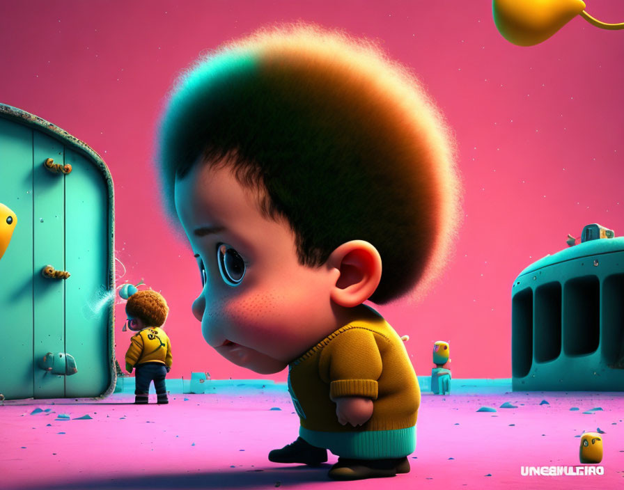 Whimsical cartoon of curious child in vibrant, pink fantasy world